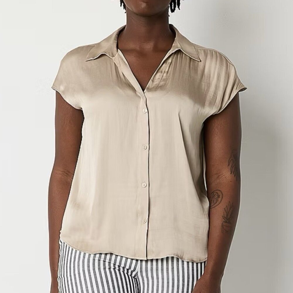 Worthington Women's Button Up Shirt Size S Tan Short Sleeve Regular Fit NWT $44